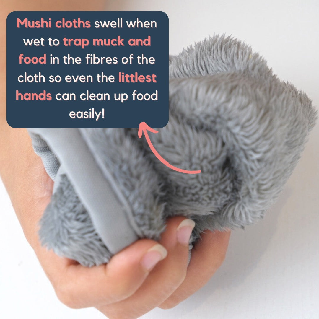 mushi microfibres lift and trap food and muck to clean kids skin better